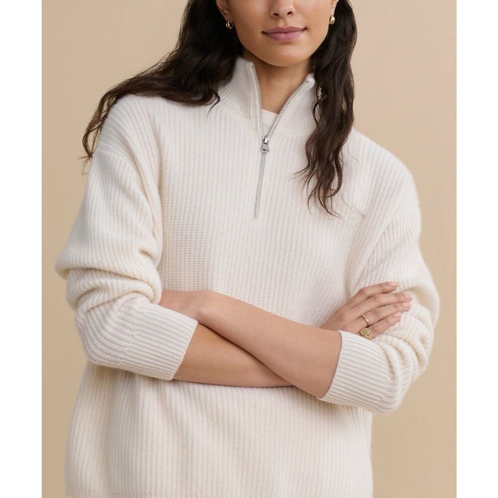 Jenni Kayne Half Zip Ivory Sweater 100% Cashmere Sz L Quiet Luxury
